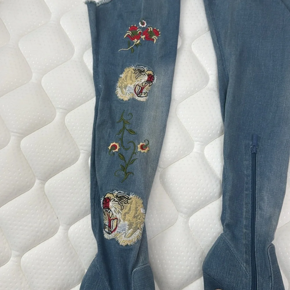 Toriana Blue Denim Like Club Embroidered Tiger Rose Over the Knee Boots- Size 8